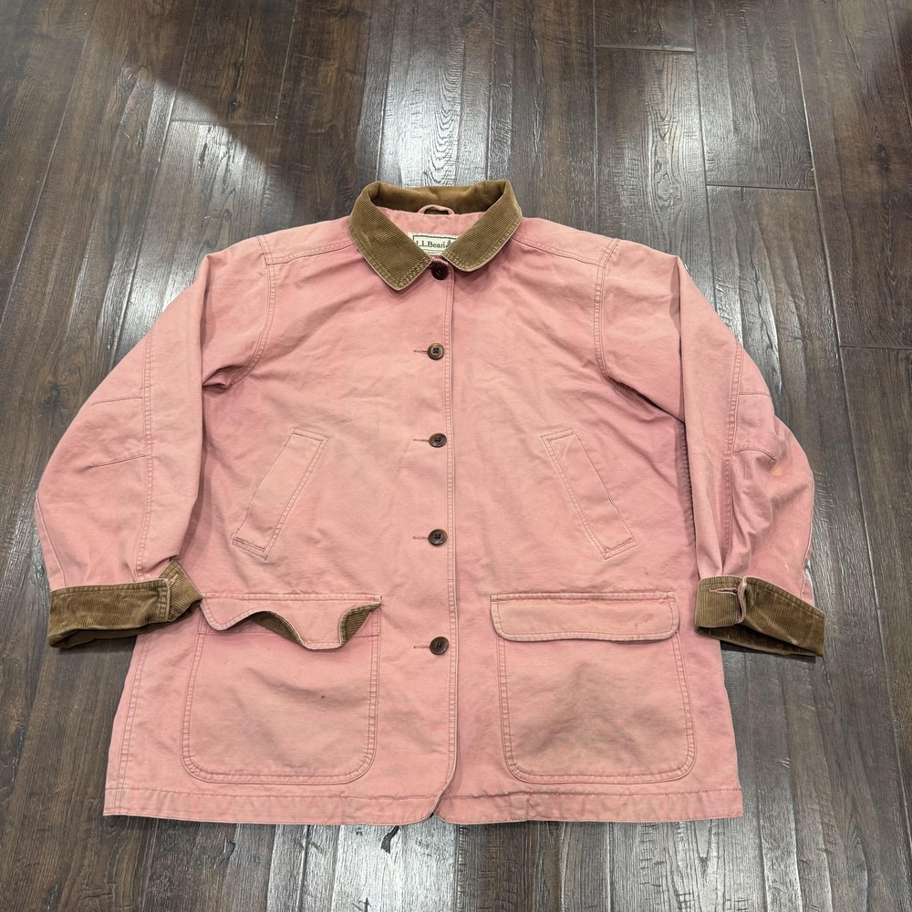 L.L. Bean Coat Womens XL Pink Cotton Canvas Barn Chore Corduroy CollarJacket VTG